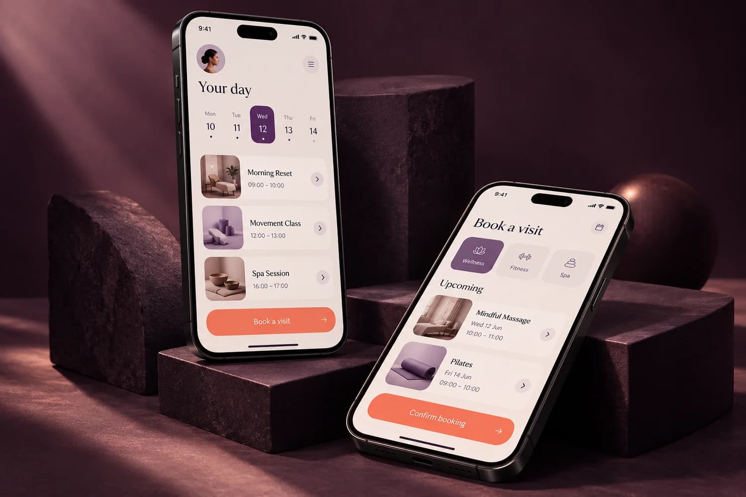 Illustrative mobile booking app shown on two phones
