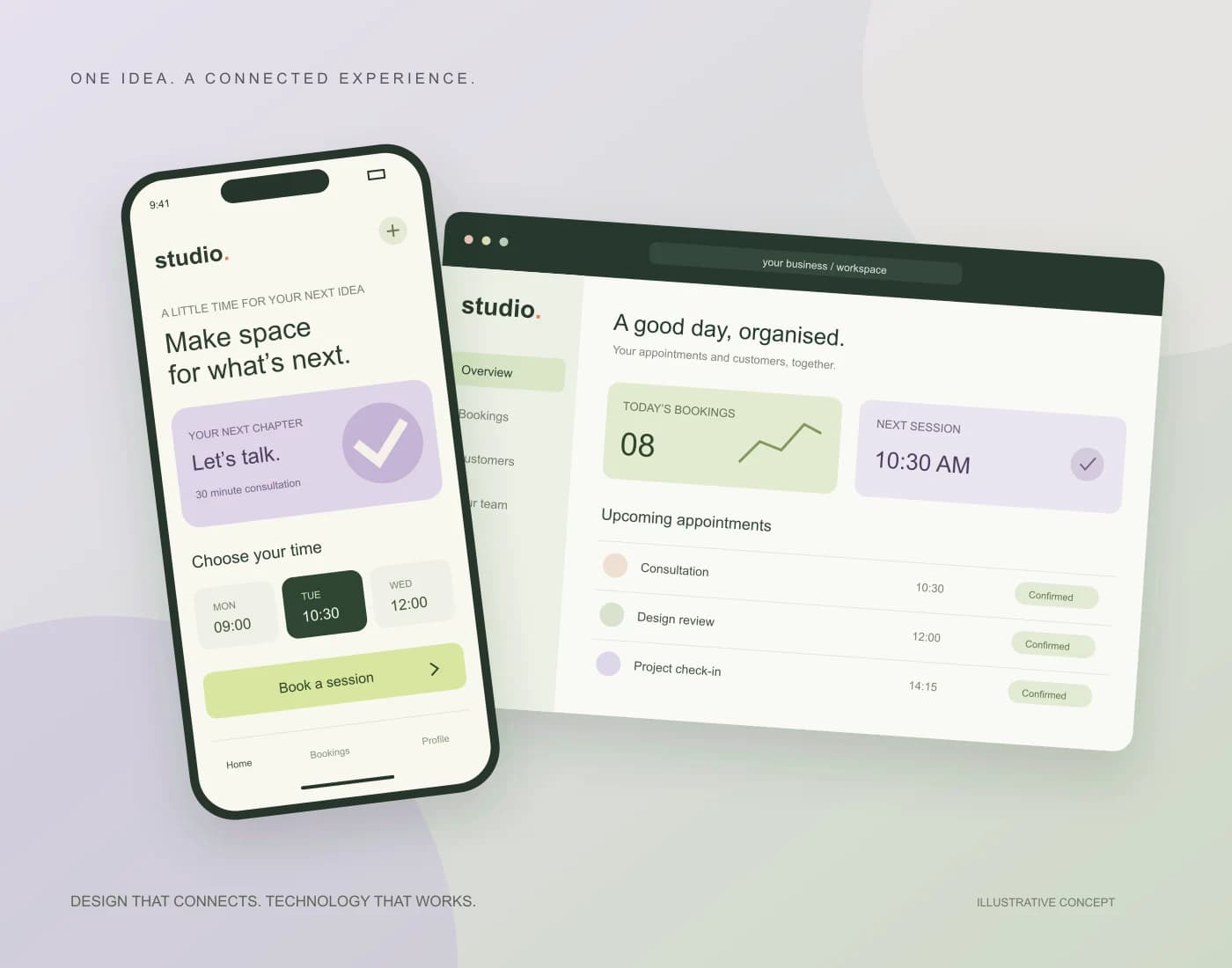 Illustrative Nuqta booking app concept on a phone and a connected desktop dashboard