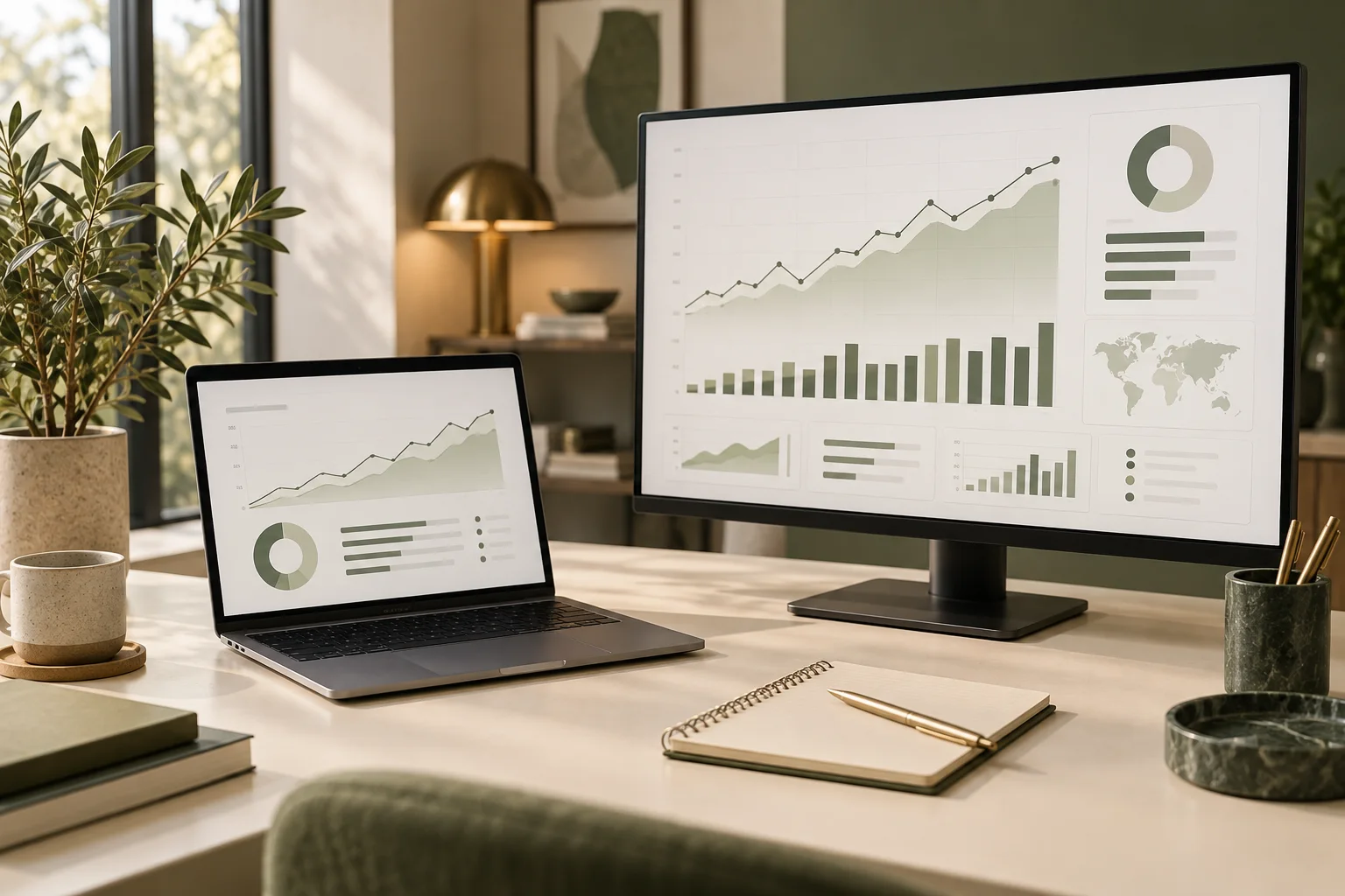Illustrative digital marketing workspace with search and performance charts