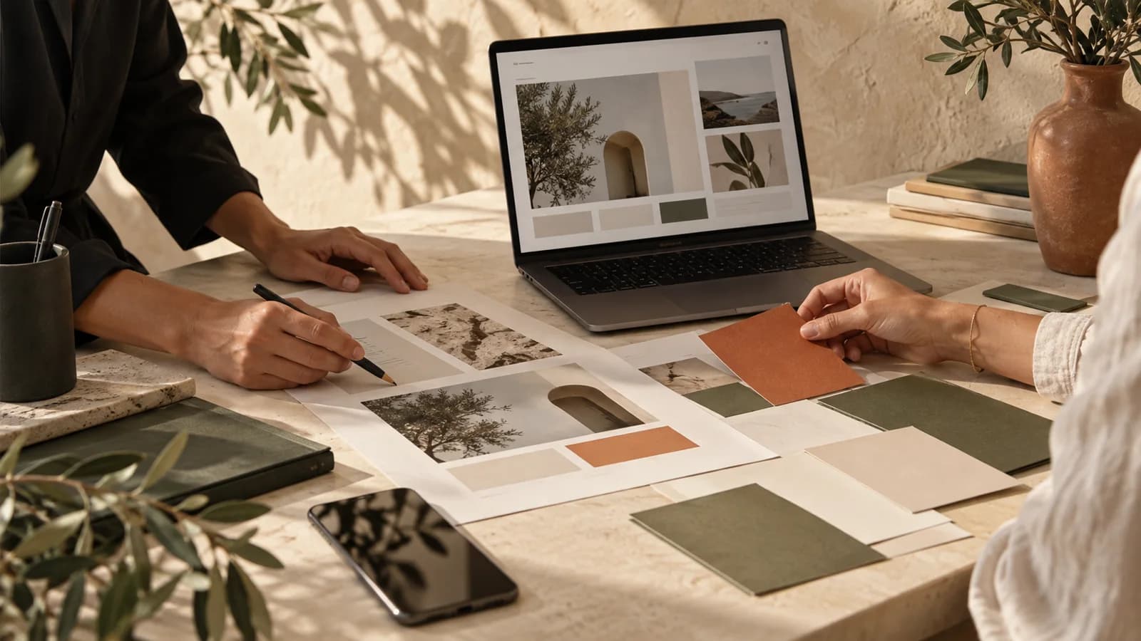 Illustrative creative workspace with website designs and brand materials