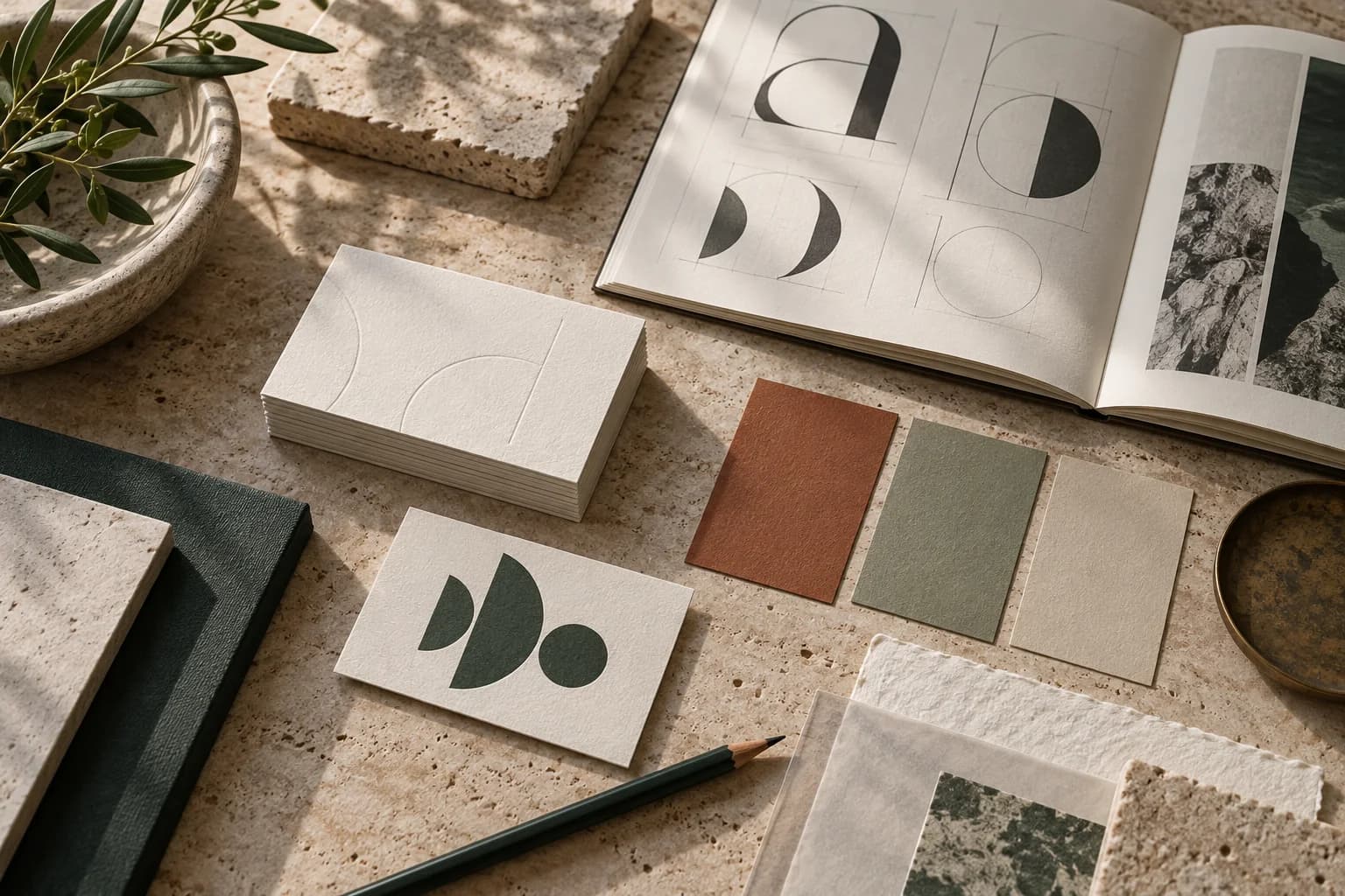 Illustrative branding studio with business cards, colour swatches and design materials