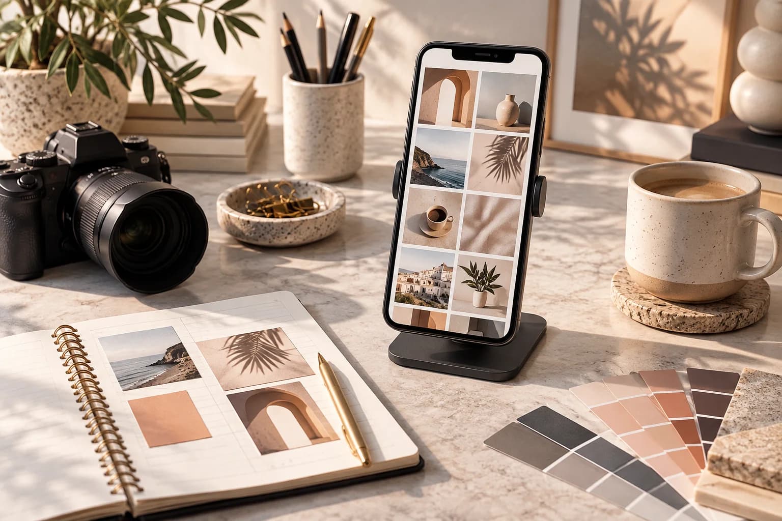 Illustrative social content studio with a camera, phone and planning materials