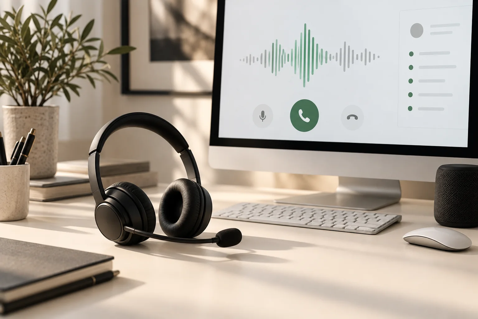 Illustrative voice service workspace with headset and audio waveform